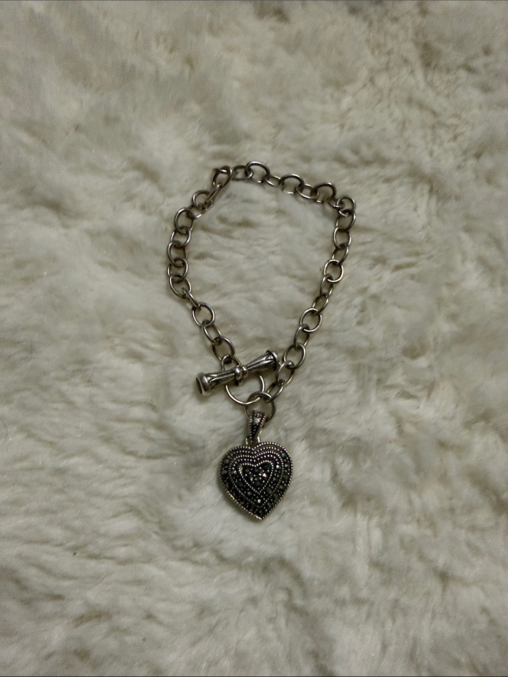 925 Silver Heart Pendant Link Bracelet With Marcasites and Amethyst